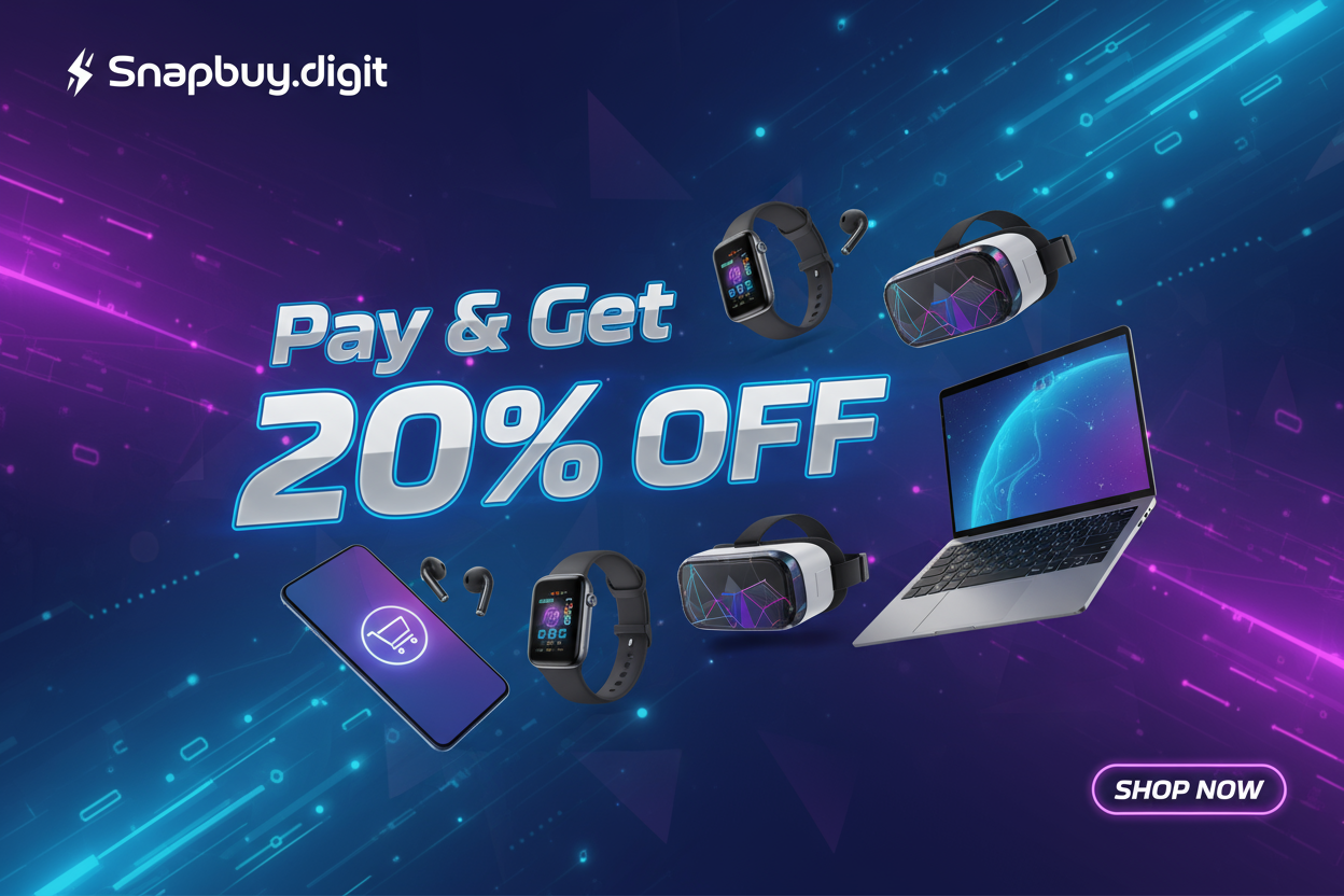 Here’s a **powerful AI image generation prompt** you can use for Midjourney, DALL·E, or any other AI art tool to create your **Snapbuy.digit banner**:


---


**🎨 AI Image Generation Prompt:**


> A modern, high-tech banner design for a *Snapbuy.digit* with the headline text **“Pay & Get 20% OFF”** in bold futuristic typography. The banner showcases a dynamic layout featuring sleek electronic products and amazing gadgets — smartphones, smartwatches, wireless earbuds, VR headsets, and modern laptops — arra